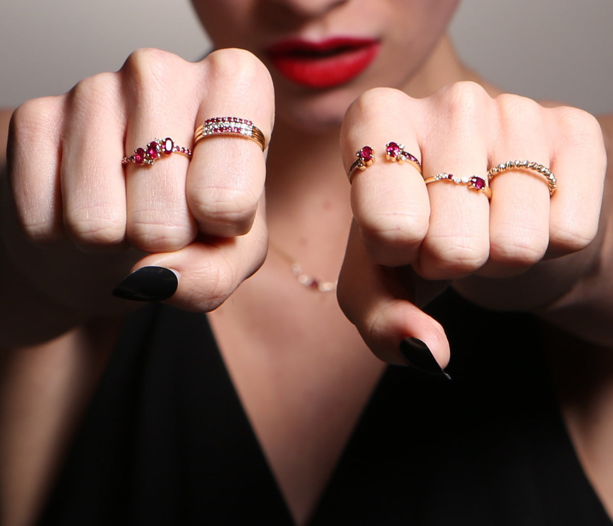 Diamonds and responsibly sourced rubies from Gemfields set in 18kt gold. Alternative wedding rings. Rings to stack over a lifetime